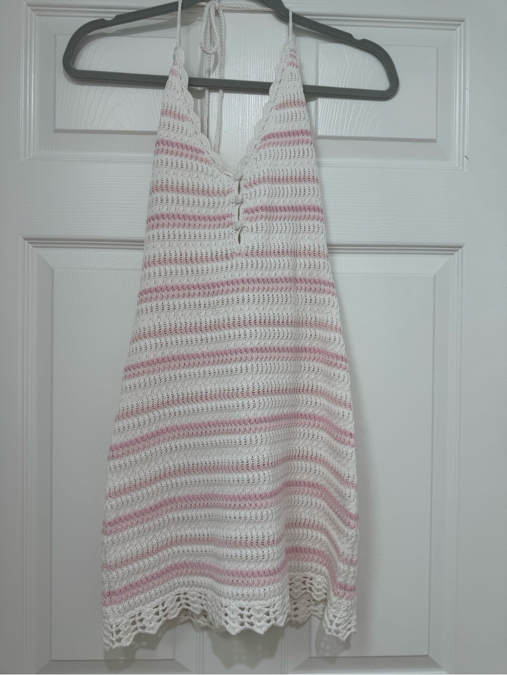 LoveShackFancy White and Pink Crochet Halter Mini Dress